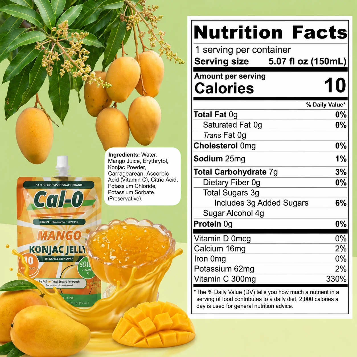 Cal-0 mango konjac jelly pouch beside its Nutrition Facts and ingredients